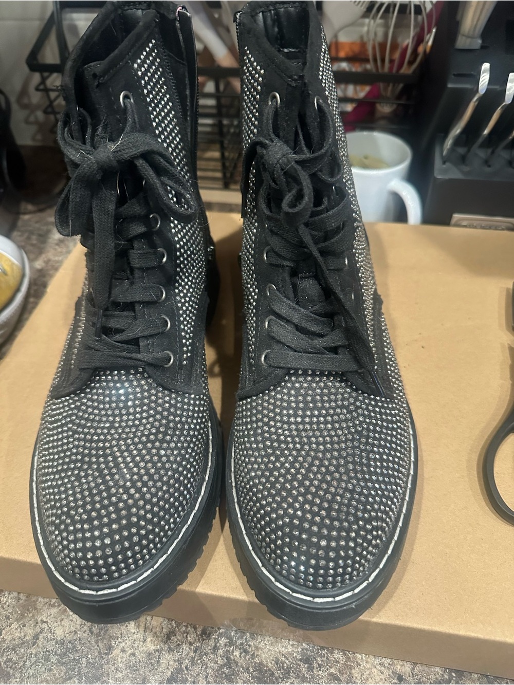 Black Rhinestone Lace-Up Women's Ankle Boots